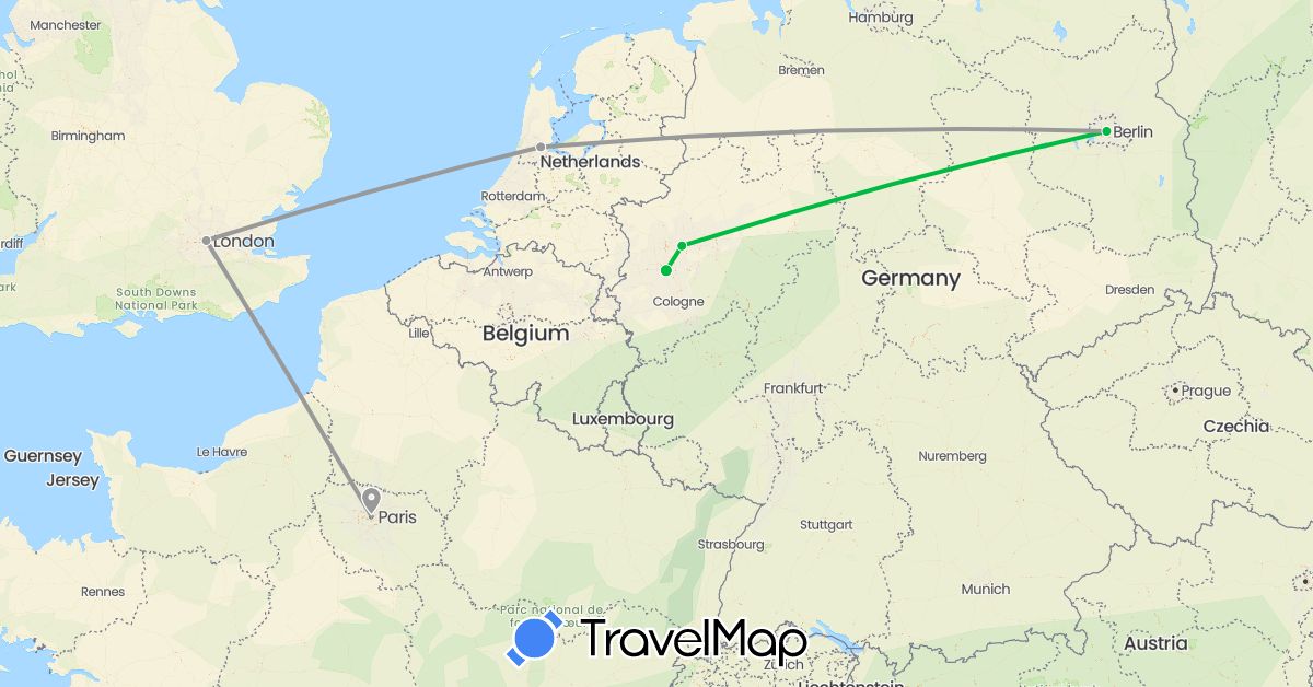 TravelMap itinerary: driving, bus, plane in Germany, France, United Kingdom, Netherlands (Europe)